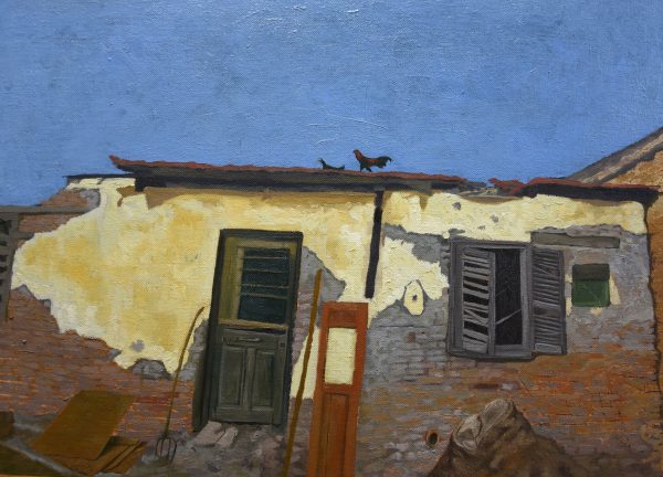 Cockerel with Hen on Rooftop